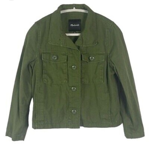 Madewell Button Front Collared Medium Copped Anorak Jacket Coat Army Olive Green